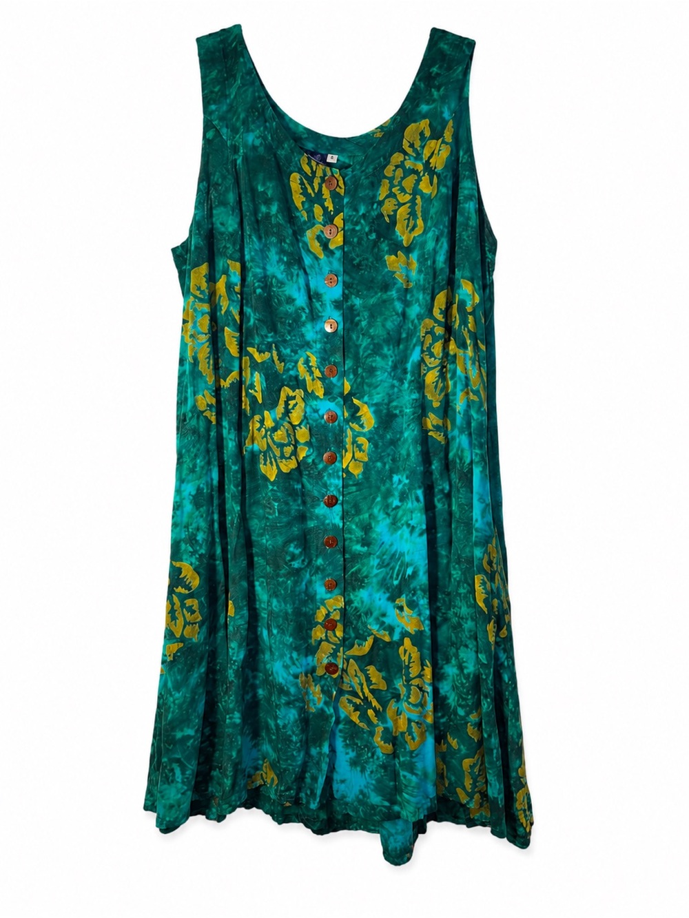 Vintage Hibiscus Hawaii Sleeveless Green Floral Button-Front Midi Dress